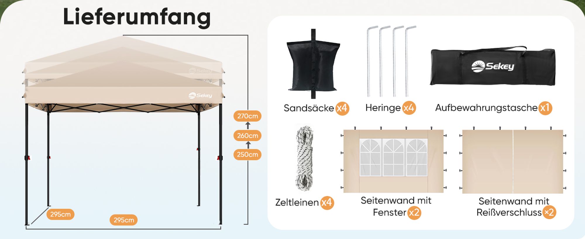 Sekey Faltpavillon 3x3 mit 4 Seitenwänden und mit 4 Sandsäcke, Wasserdicht Pop Up Pavillon für Camping, Festival, Events, Picknicks, Taupe