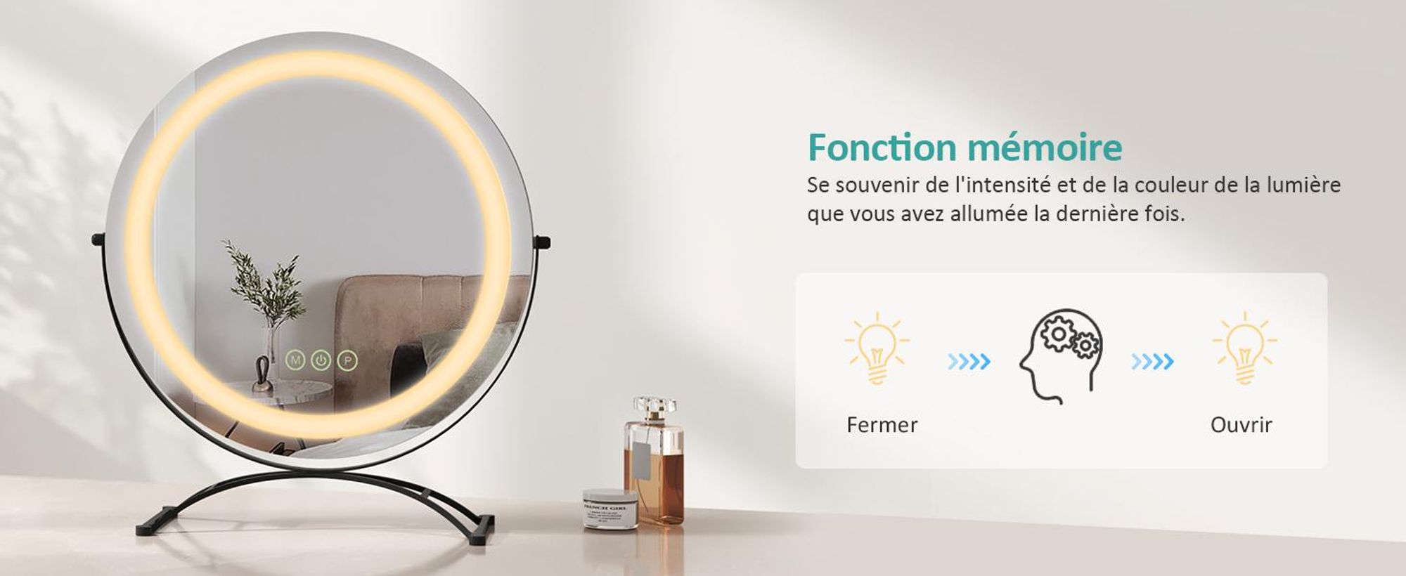 EMKE Miroir de maquillage avec éclairage, miroir Hollywood avec 3 couleurs de lumière, contrôle smart touch Miroir de maquillage avec lumière pivotant à 360°, luminosité réglable et fonction mémoire (Φ400mm, noir)