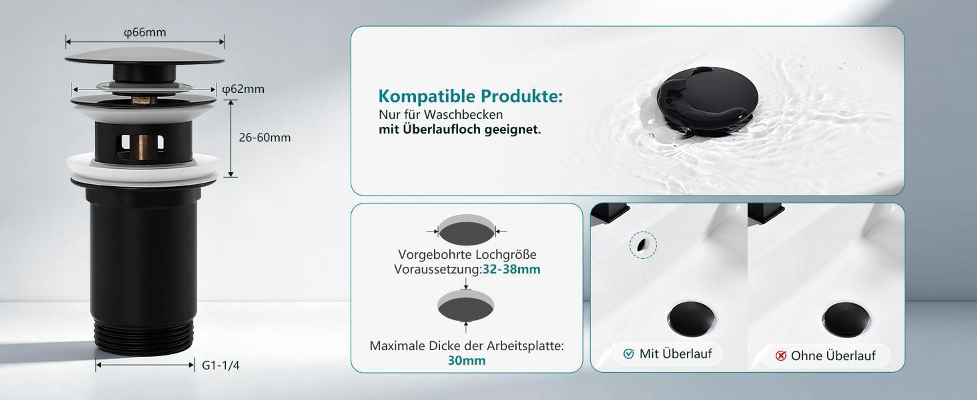 Homelody Wasserhahn Bad Schwarz Edelstahl mit Pop-Up Ablauf Edelstahl, Waschtischarmatur Badarmatur mit Ablaufgarnitur 1 1/4 Zoll Waschbecken Armatur