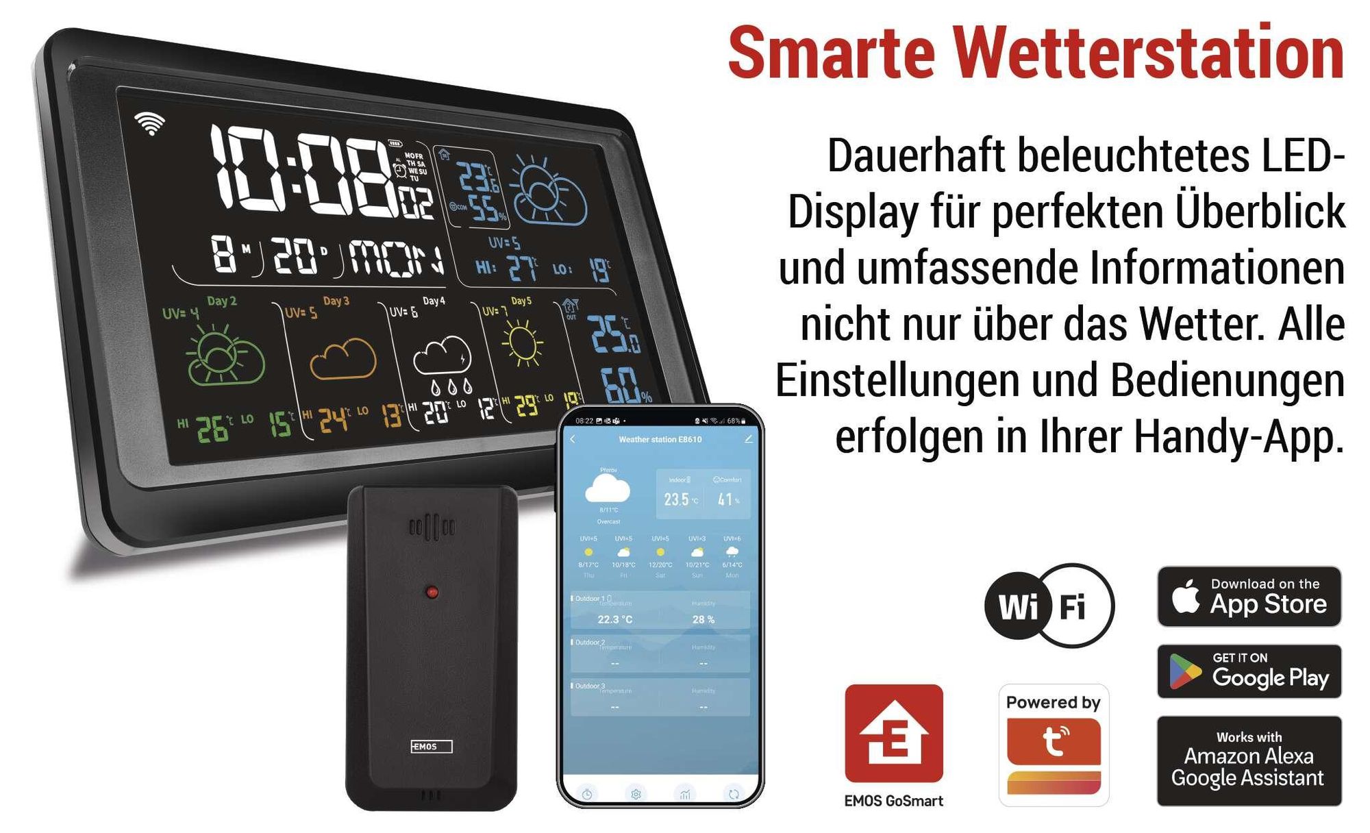 EMOS GoSmart WiFi-Wetterstation mit Funk-Außensensor und App, Farbdisplay, 5-Tage-Wettervorhersage; Tuya, Smartlife kompatibel, inkl. Netzteil, E8610