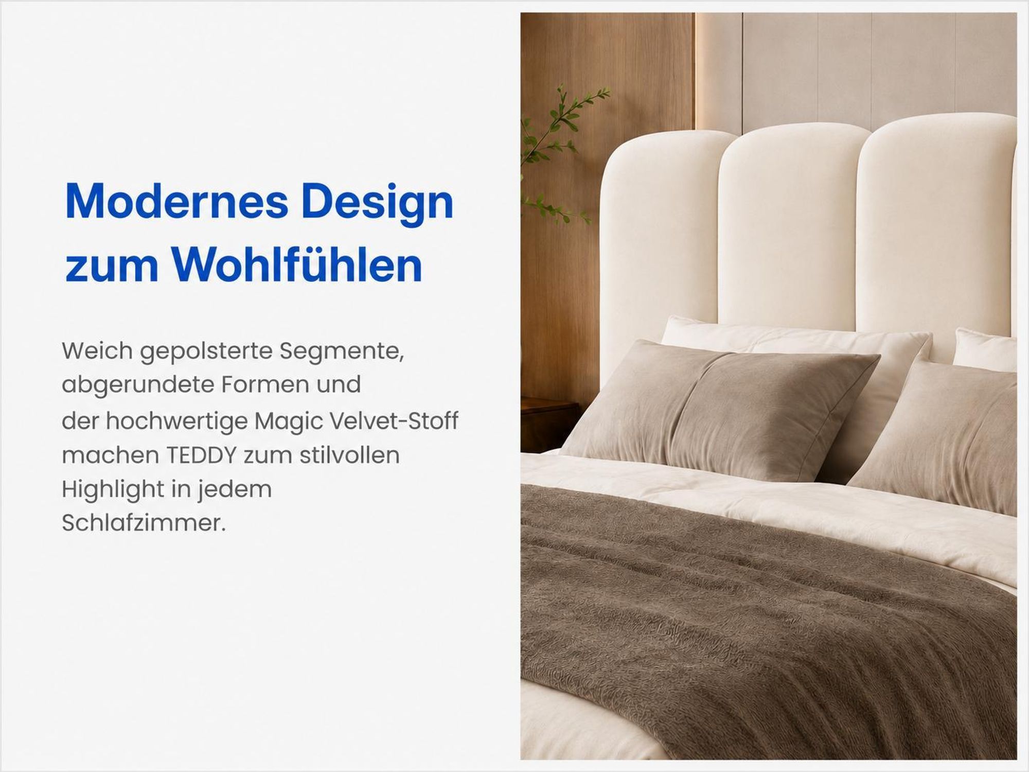 Polsterbett TEDDY mit weichem Kopfteil und abgerundeten Bouclé-Segmenten