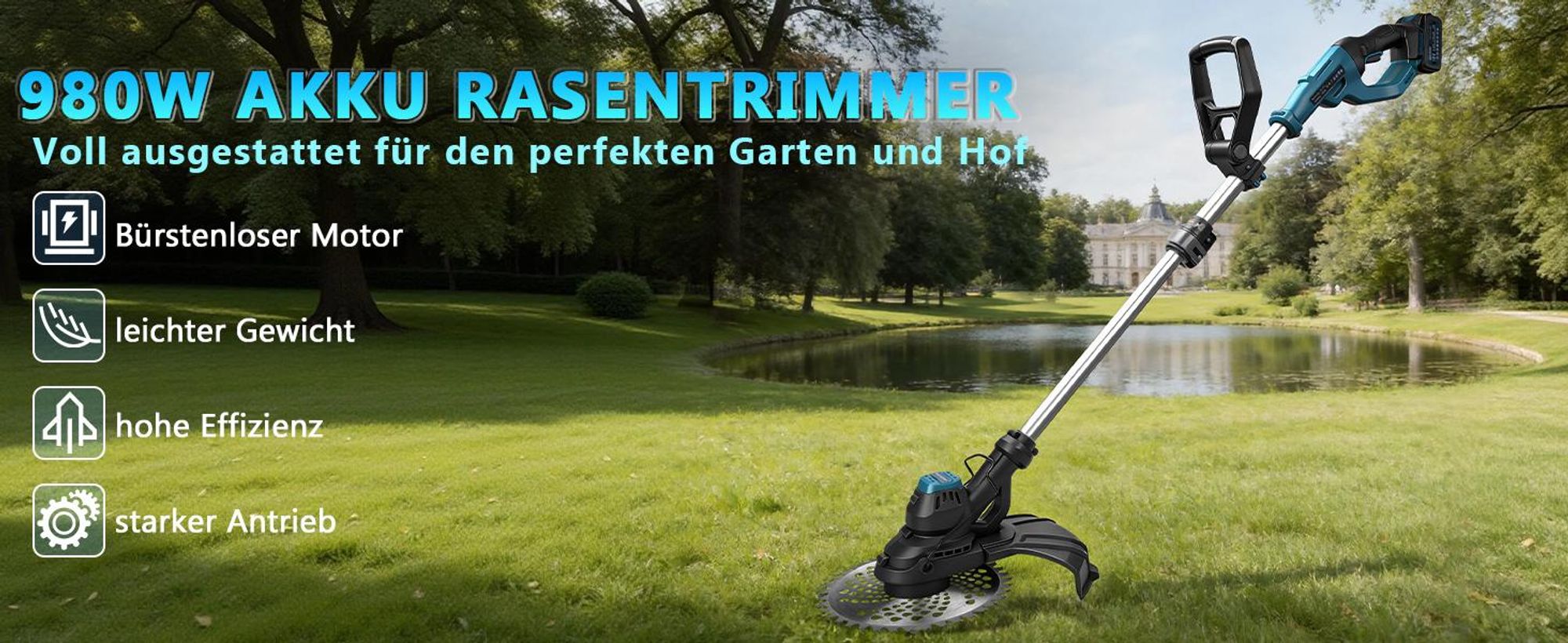980W Akku Rasentrimmer Bürstenloser 7 IN 1 mit 2×4.0Ah Akku 18V, 14800 RPM mit 7 Klingentypen Ø300 mm, 100-140cm Einstellbar, Freischneider Garten