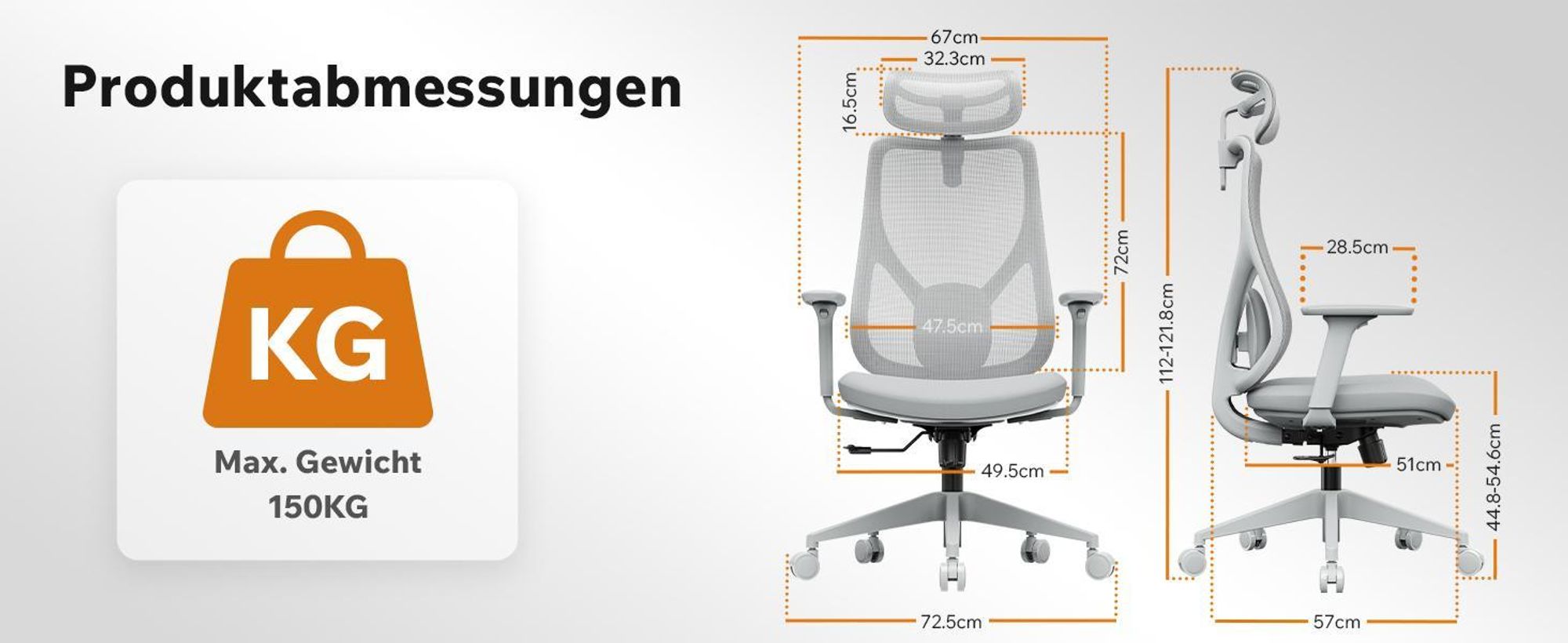 SENSE7 Moyo Ergonomischer Bürostuhl Schreibtischstuhl Grau 3D-Armlehnen Netzrücken Lendenwirbelstütze Chefsessel Homeoffice PC Stuhl 150 kg