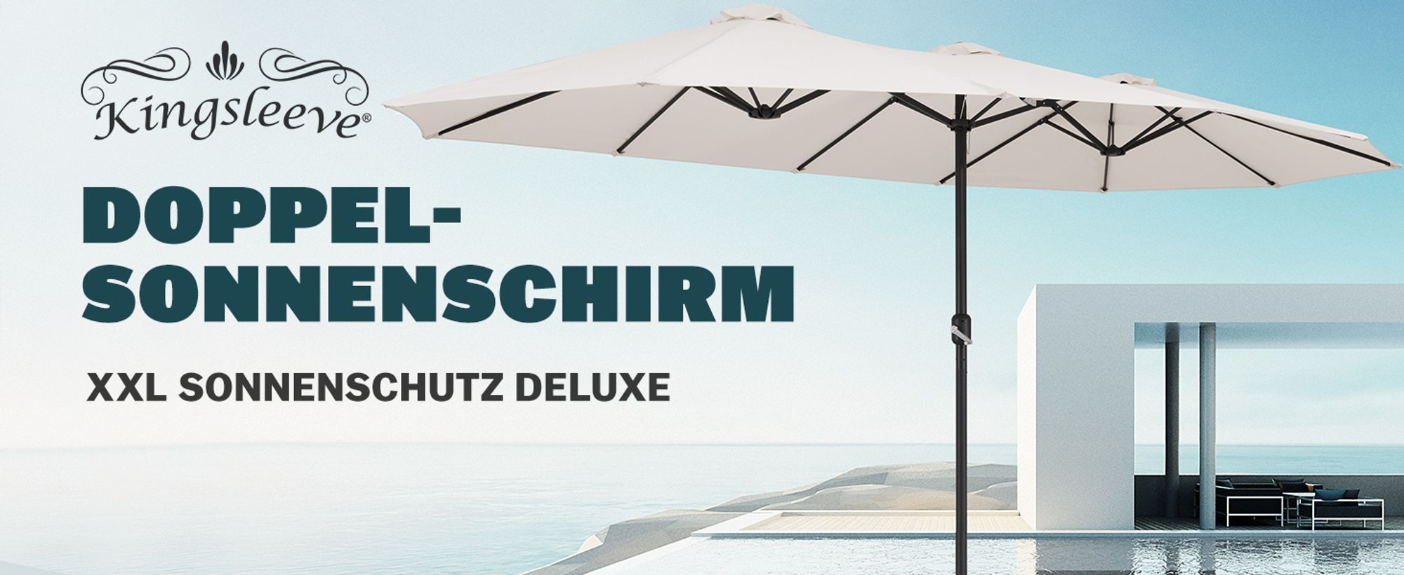 KINGSLEEVE® Sonnenschirm 460x270 cm mit UV Schutz 80+ Schutzhülle Kurbel Stabil Groß Garten Terrasse Balkon Doppelter Marktschirm Gartenschirm Creme