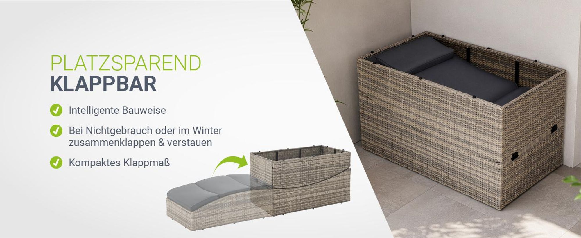 Juskys Sonnenliege Lamia klappbar - Polyrattan Gartenliege mit Auflage - Grau