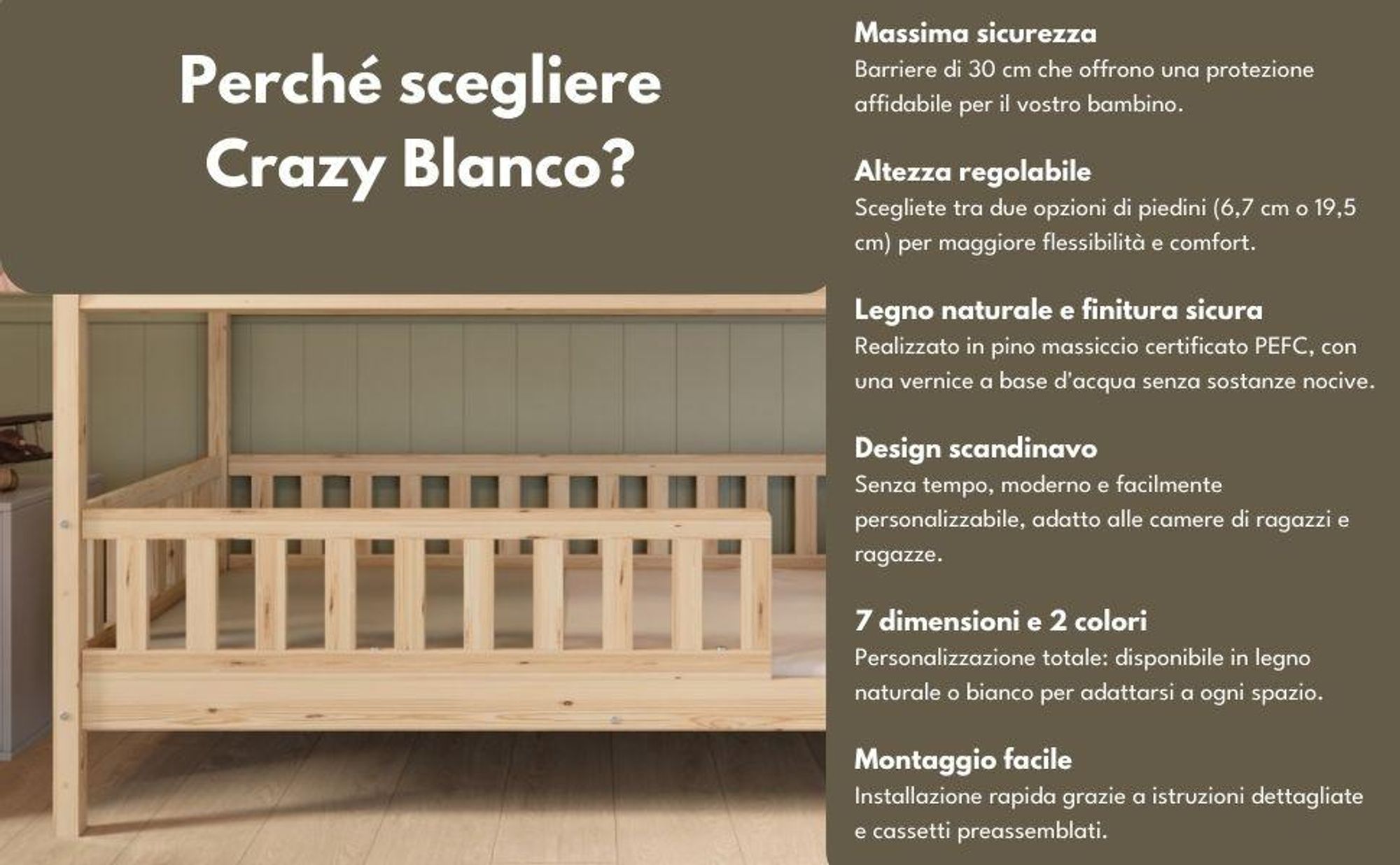 Crazy Pine Letto a Casetta 80x160 cm – Letto Montessori da Pavimento a Casetta in Legno Naturale – Gambe Regolabili in Altezza – Crazy Blanco
