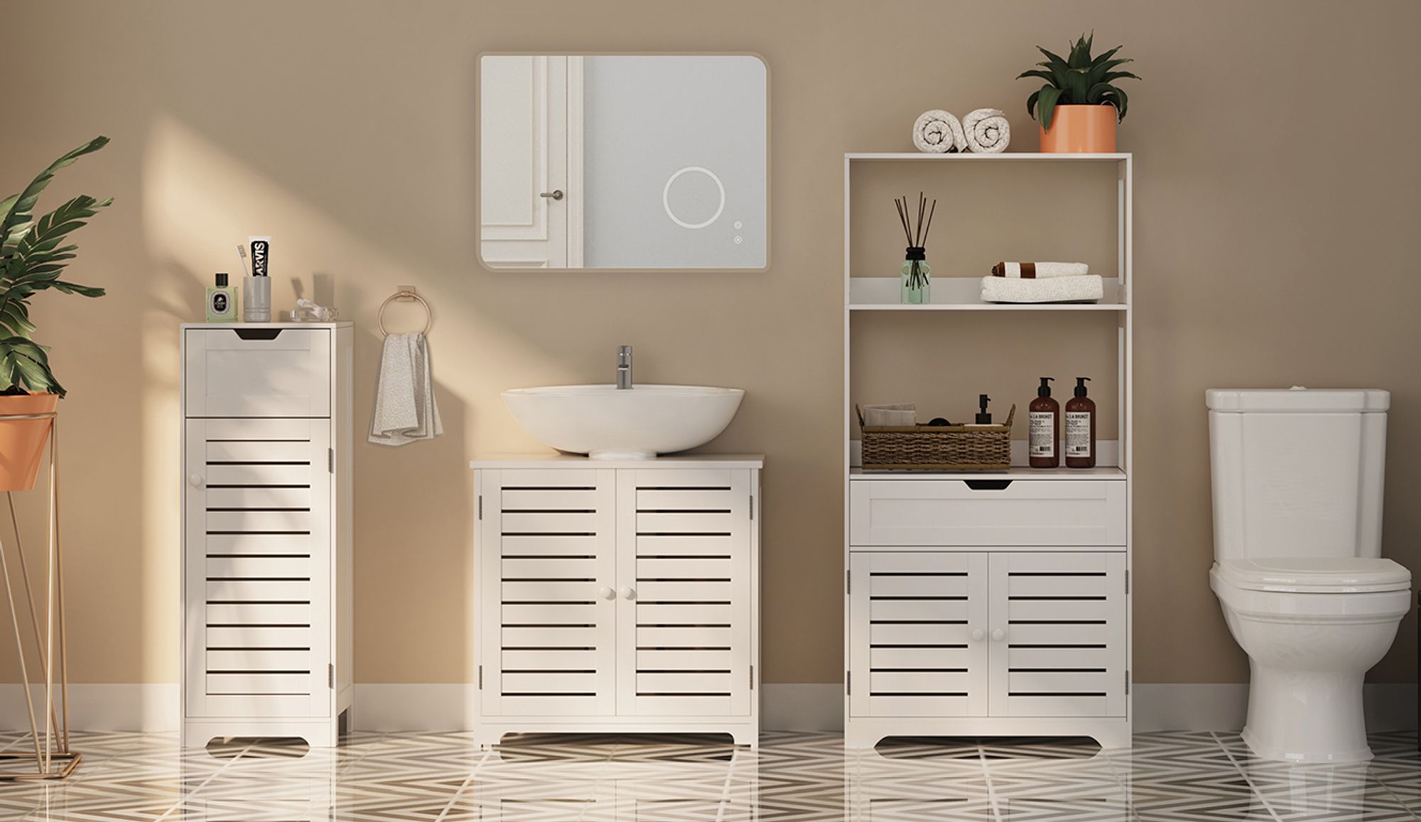 Mondeer Hochschrank Badschrank Badezimmerschrank mit Fächern und Lamellentüren Aufbewahrungsschrank Badezimmer