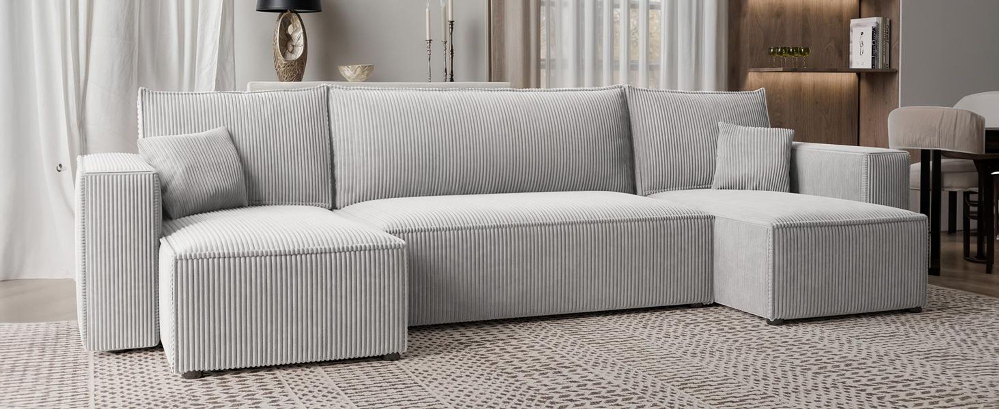 Idohome Ecksofa- Wohnzimmer Sofa mit Schlaffunktion und Bettkasten, Eckcouch, Polstermöbel, Sofa, Couch modern in Farbe Hellgrau Poso 110 Paris U Form