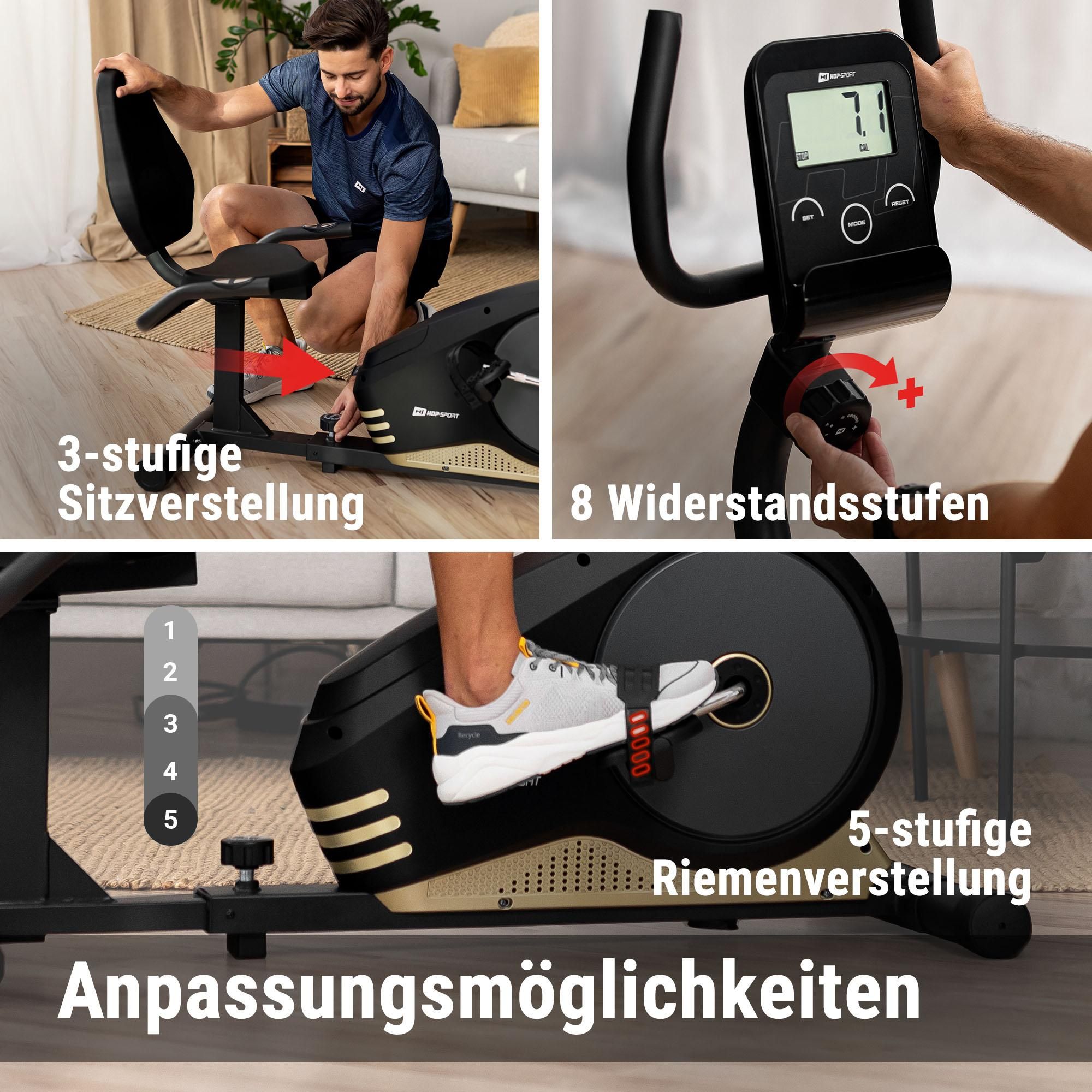 HOP SPORT® HS-040L Liegeergometer für Zuhause mit 8 verstellbaren Widerstandsstufen | Leise Liegerad Heimtrainer mit Großer Bequemer Sitz bis 120 kg