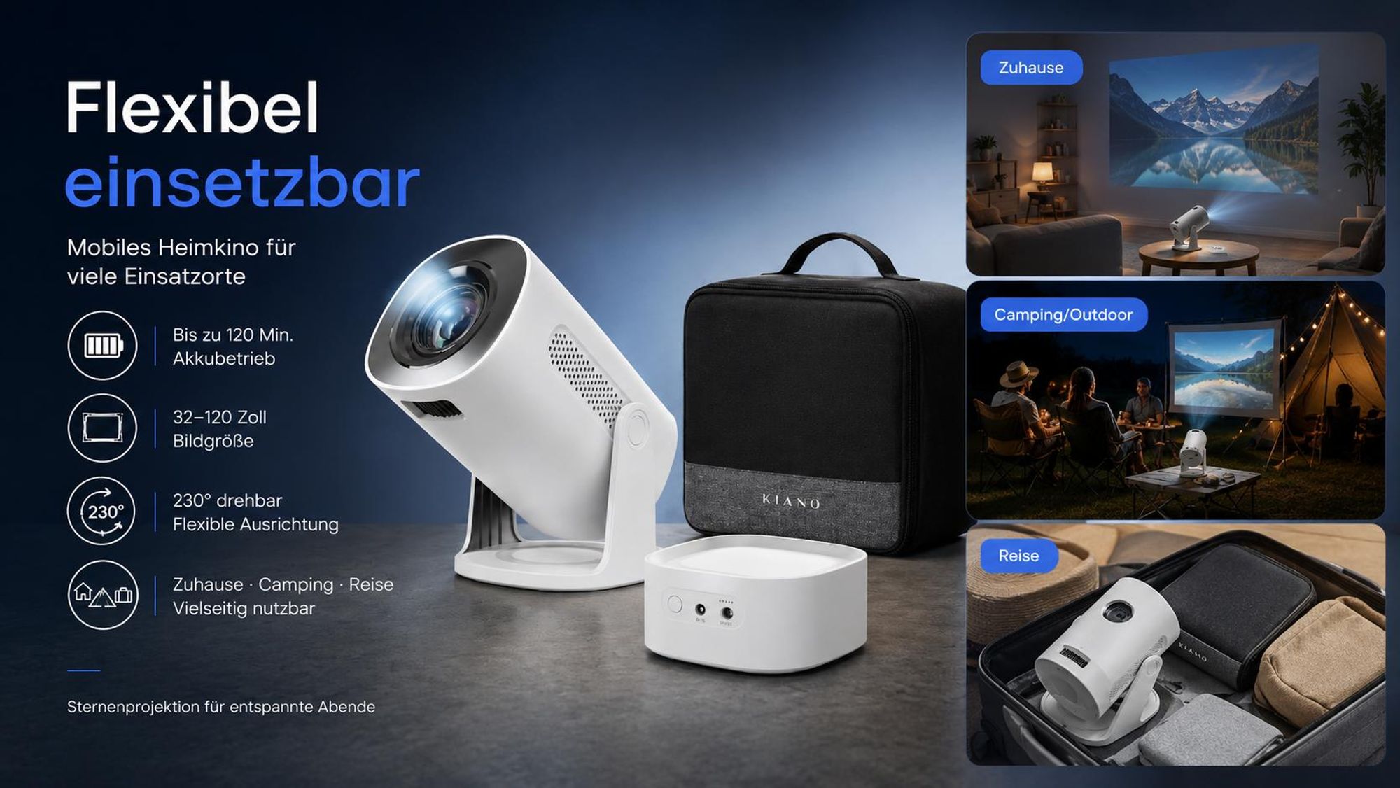 Kiano Vision Mini Beamer tragbar, 1280x720 HD, Android 11 Smart TV, Akku