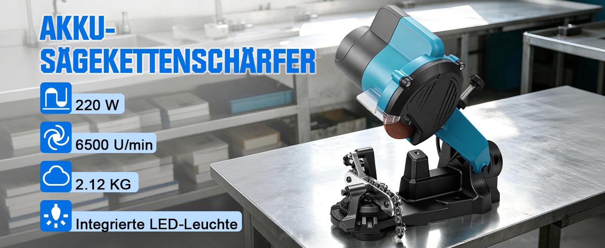 6500rpm Akku Sägekettenschärfgerät mit Schleifwinkeleinstellung Kettenspannvorrichtung Tiefenbegrenzung Schleifscheibe Arbeitslicht Sägekettenschärfer