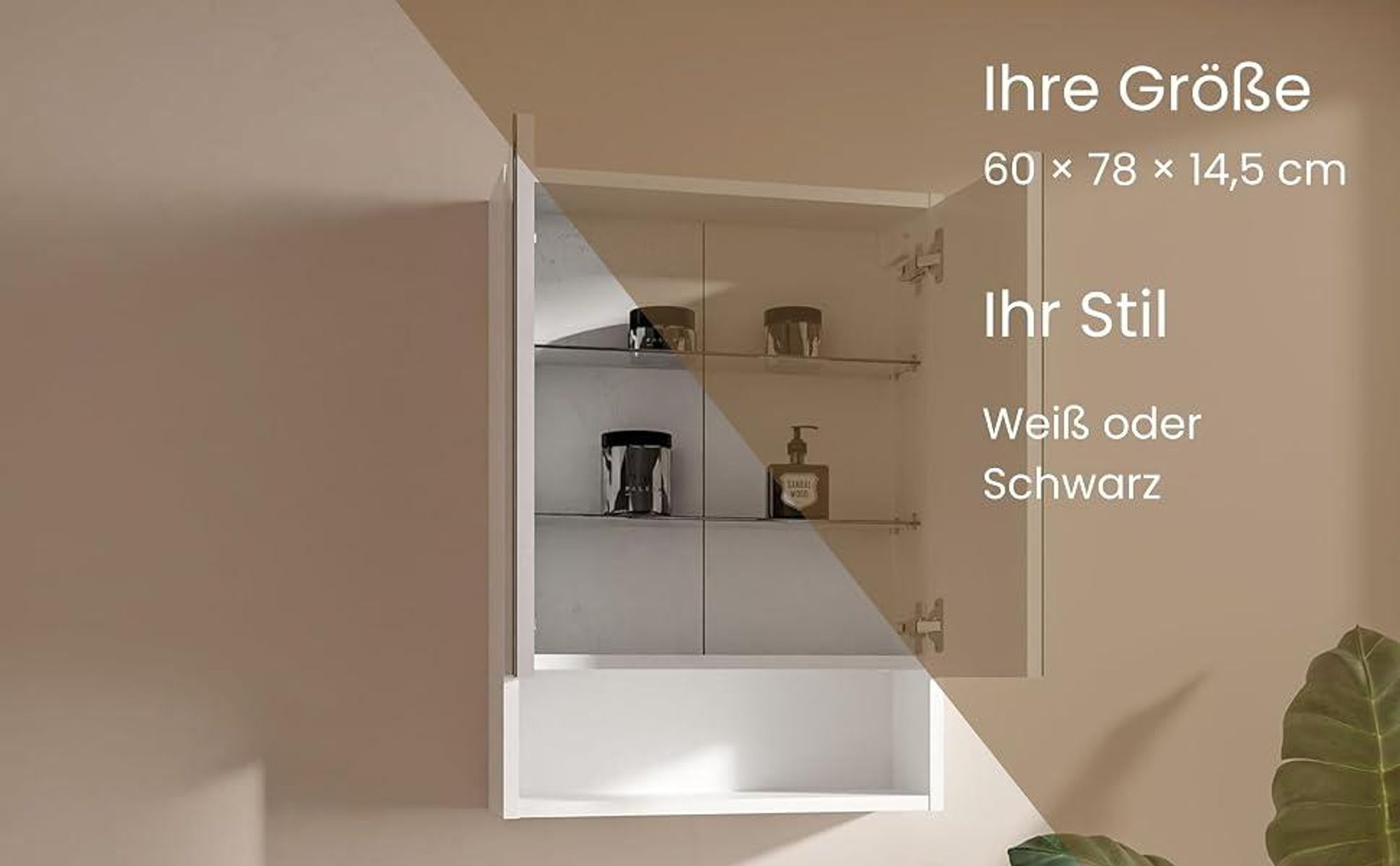 60x78 cm Spiegelschrank Bad Schwarz mit Glaseinlegeböden Badezimmermöbel Bathroom Cabinet Hängeschrank Bad Grifflose Front Modernes Design Wandmontage
