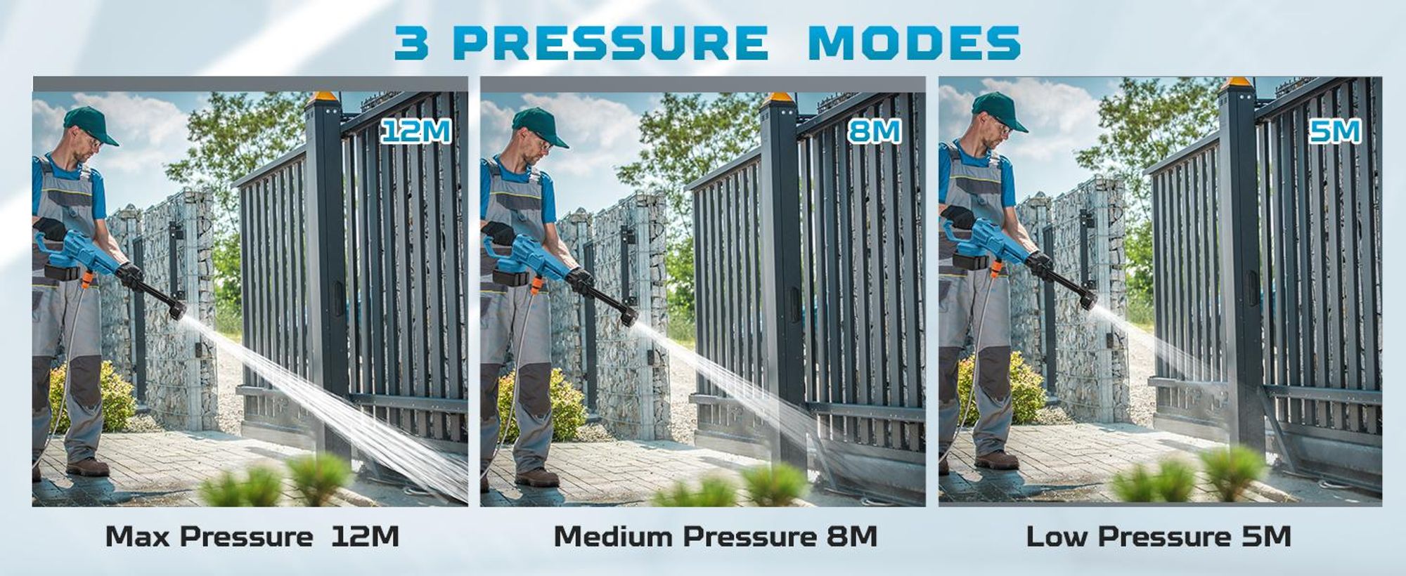 6-in-1 Akku Hochdruckreiniger,120 Bar mobile Hochdruck-Wasserpistole, 3 Verstellstufen, Bürstenloser Motor,  mit 2×3000 mAh Akkus, KFZ-Reiniger, Blau