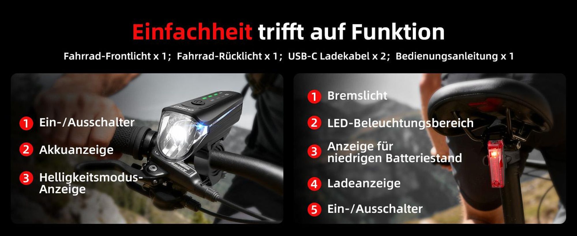 Fahrradlicht Set StVZO-zugelassen Beleuchtungsset, USB-C Aufladbar wasserdicht Fahrradlampe LED Frontlicht + Rücklicht mit Bremslicht & Blinkfunktion