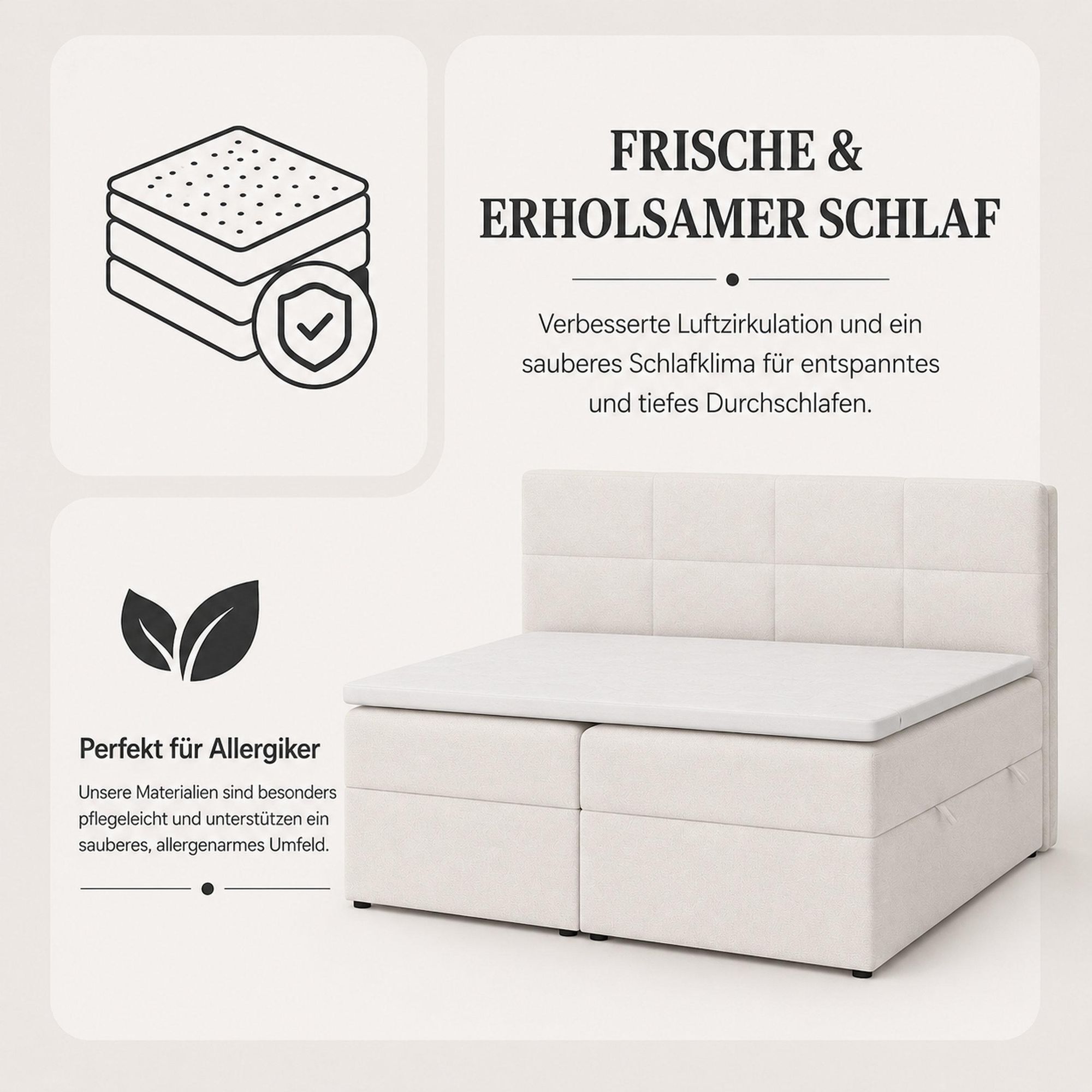 VENASI BETTY Boxspringbett 180x200 cm mit Bettkasten, Bonellmatratze H2/H3, Topper Beige