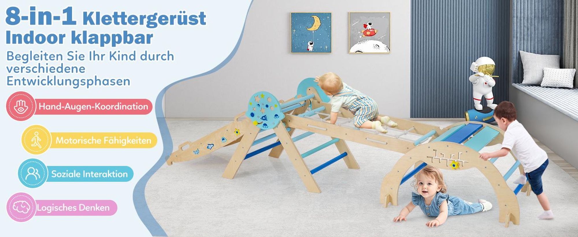COSTWAY Klettergerüst Indoor 4er Set, klappabre Kletterdreieck mit Rutsche, Kletterbogen, Netz, doppelseitige Rampe, Baustein Set&2 Autos für Kinder3+