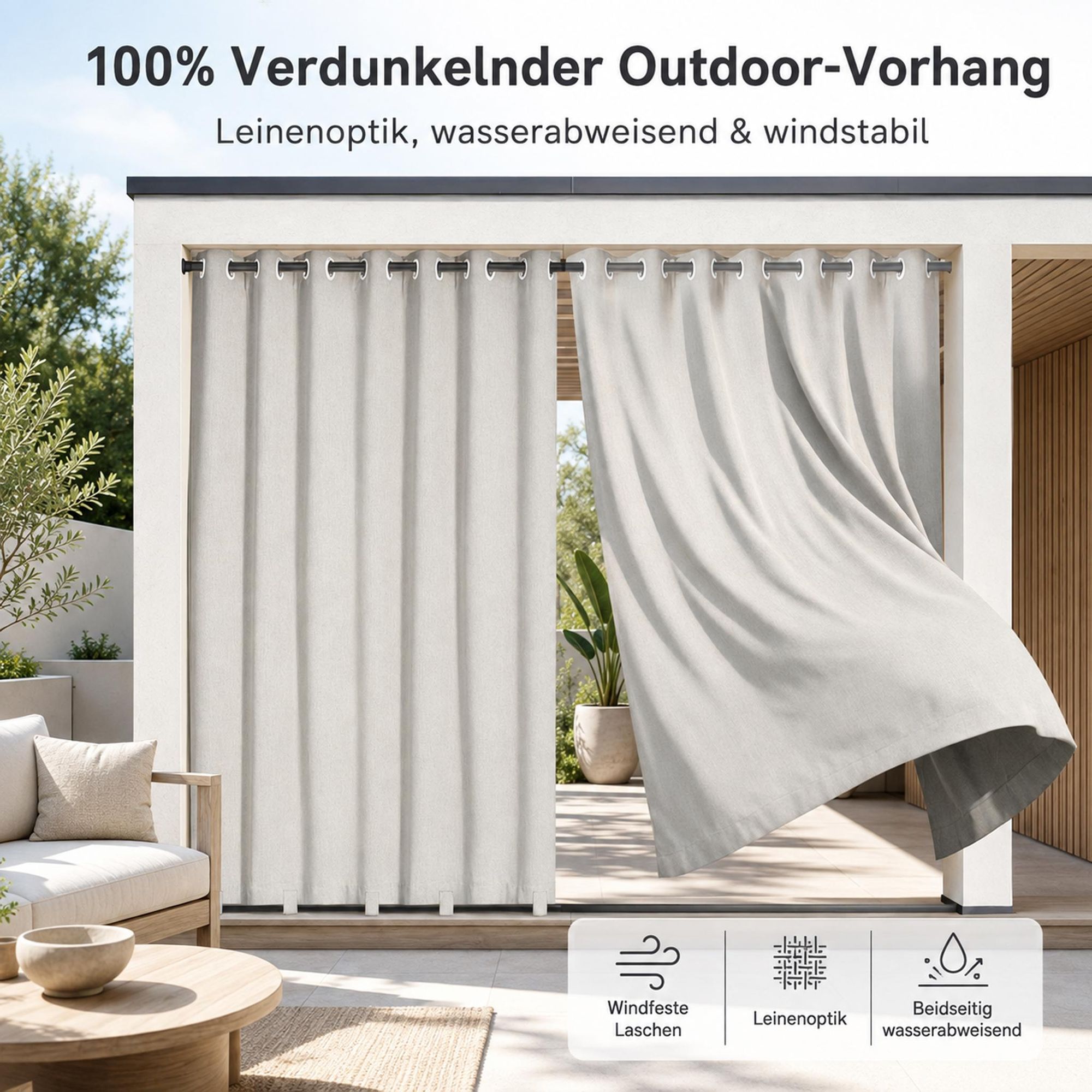 Outdoor Vorhang mit Ösen Grauweiß 254 x 214 cm Winddicht Thermo Gardine Extra Breit 100% Verdunkelung UV Schutz Blickdicht Balkonvorhang für Pavillon Terrasse