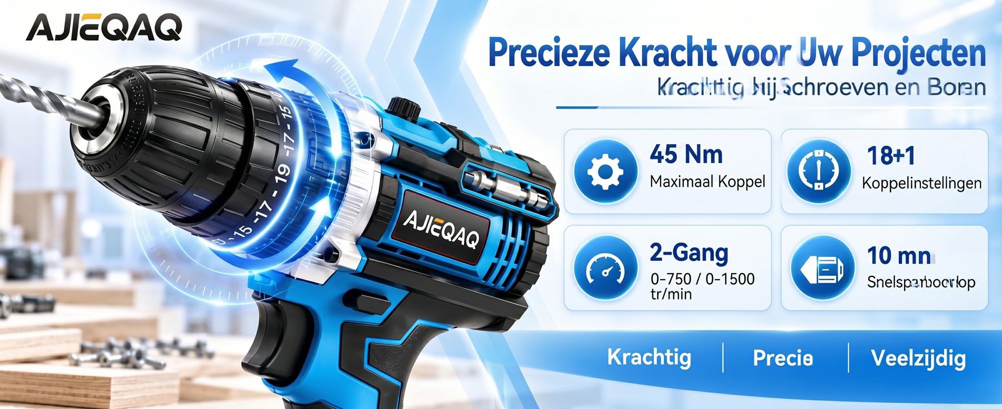 Accuschroevendraaier 21V set, accu-klopboormachine met 2×2,0Ah Li-Ion accu, 45Nm, 2 versnellingen, LED-werklicht, accessoires en koffer