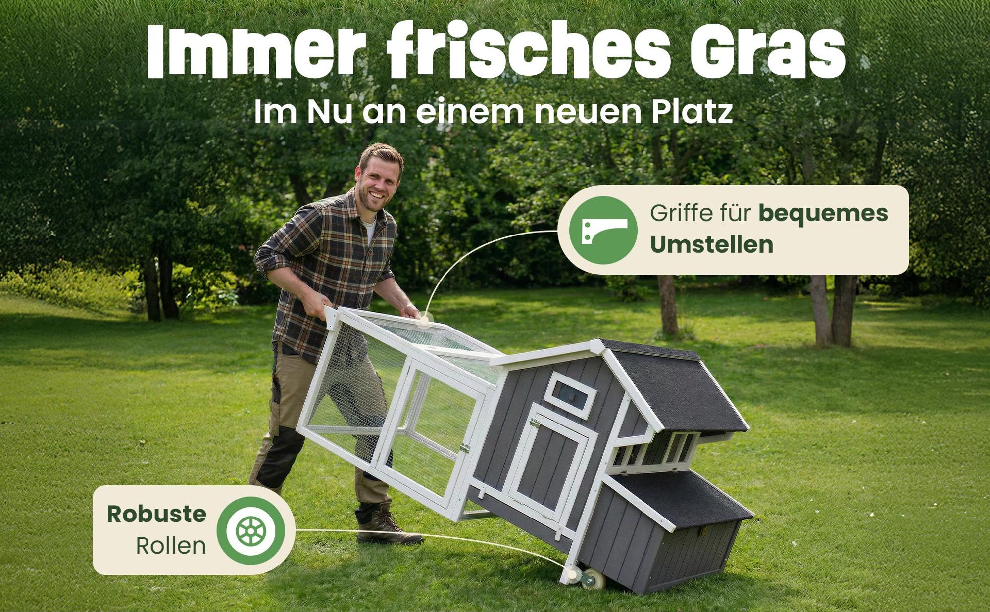 Hühnerstall Hühnerhaus Hühnervoliere mit Rollen zooprinz Franzi | Wetterfest & Winterfest | 207 x 100 x 88 cm | Klappdach | Nistkasten