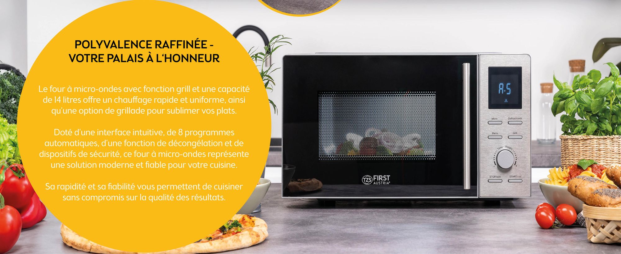 TZS First Austria 2-in-1 Mikrowelle mit Grillfunktion, 1100W, digital, 20L Kapazität, LED-Display, Auftaufunktion, 8 Automatikprogramme, Schnellstartfunktion, Kindersicherung, Edelstahl
