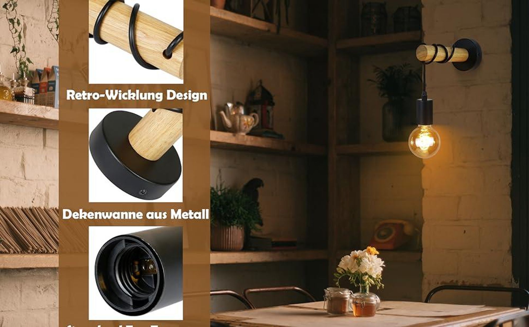 ZMH lampada da parete vintage da interno industriale - faretto da parete in legno nero retrò in metallo con E27 1 fiamma spot da parete per camera da letto, cucina, sala da pranzo, soggiorno, corridoio, studio ufficio