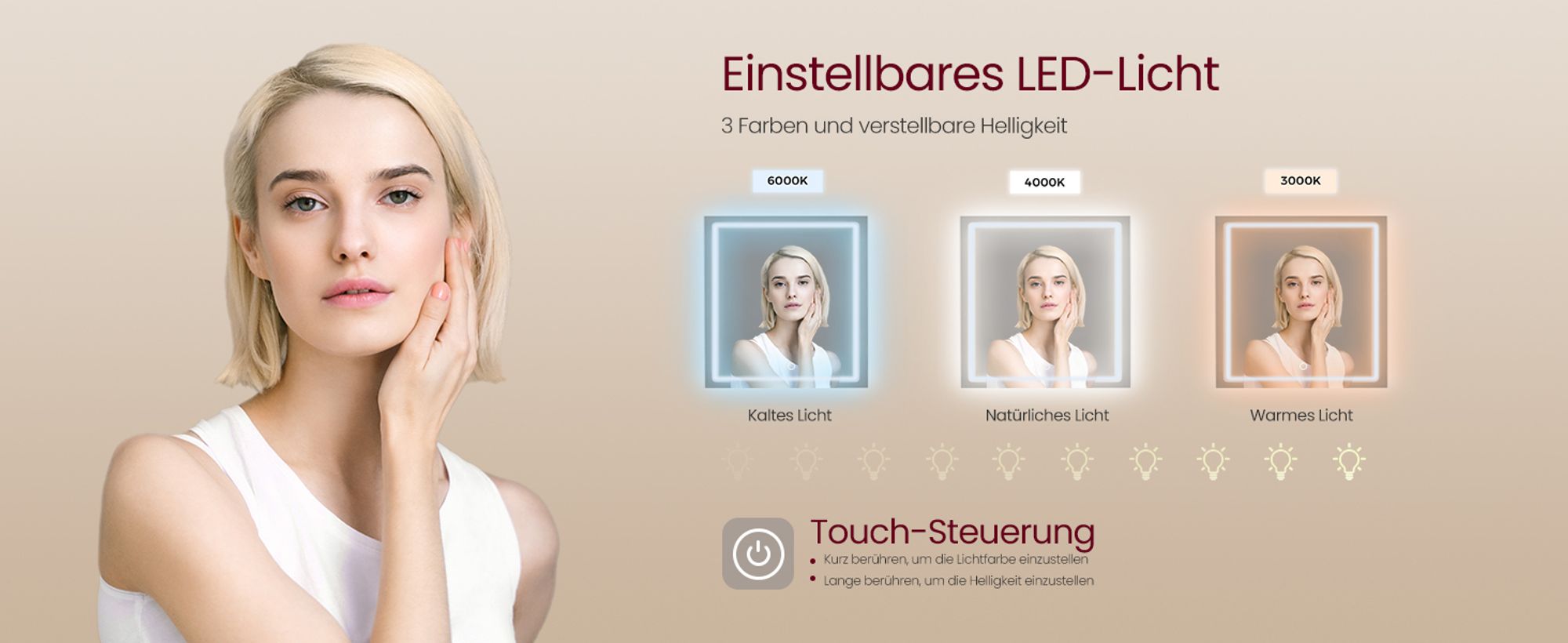 VASAGLE Schminktisch mit LED-Beleuchtung, Steckdosenleiste, Frisiertisch mit Schubladen, 90 cm breit, verstellbaren Ablagen, Schmuckaufbewahrung