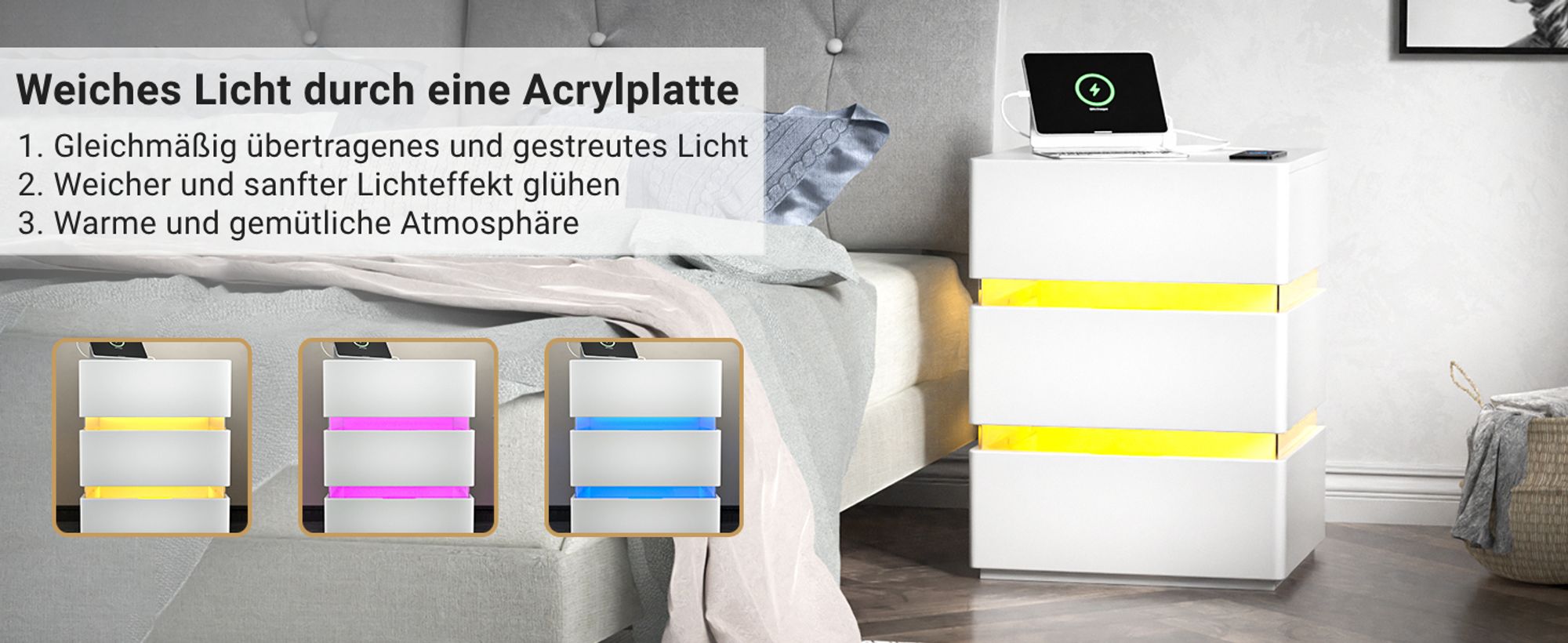 FCH Nachtschrank mit LED-Beleuchtung, 3 Schubladen, 2 AC-Steckdosen, 2 USB-Anschlüsse, Nachtkommode, Nachttisch, Weiß