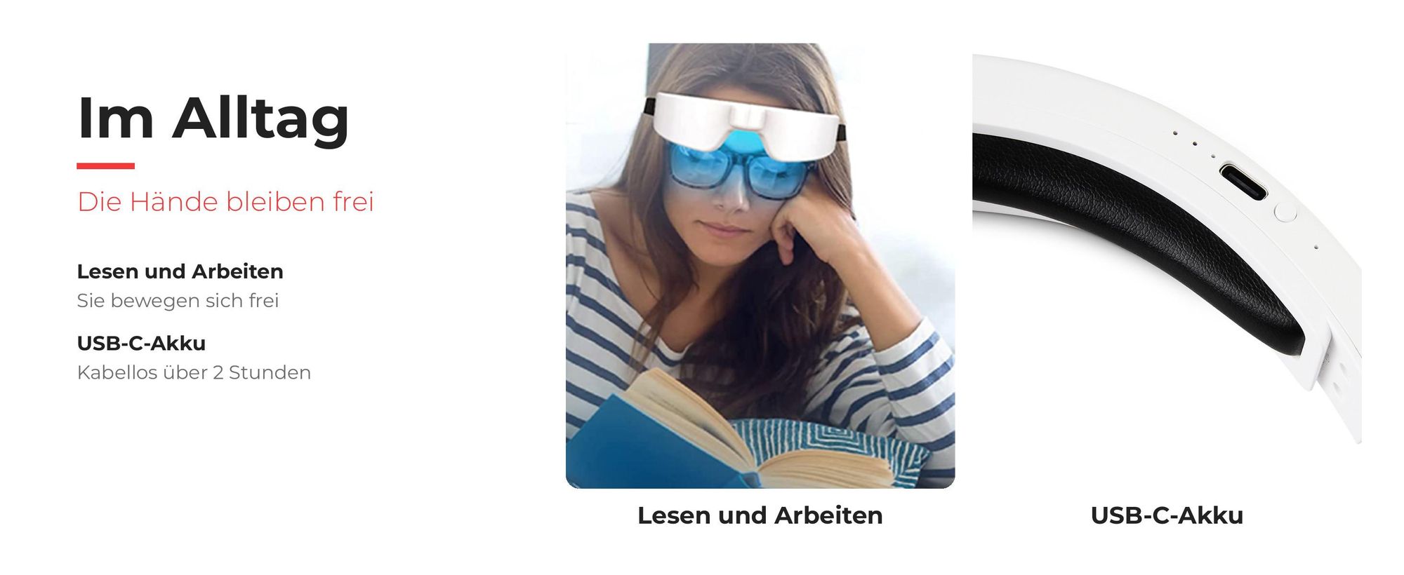 Frau liest mit der Lichttherapiebrille; Akku mit USB-C-Anschluss