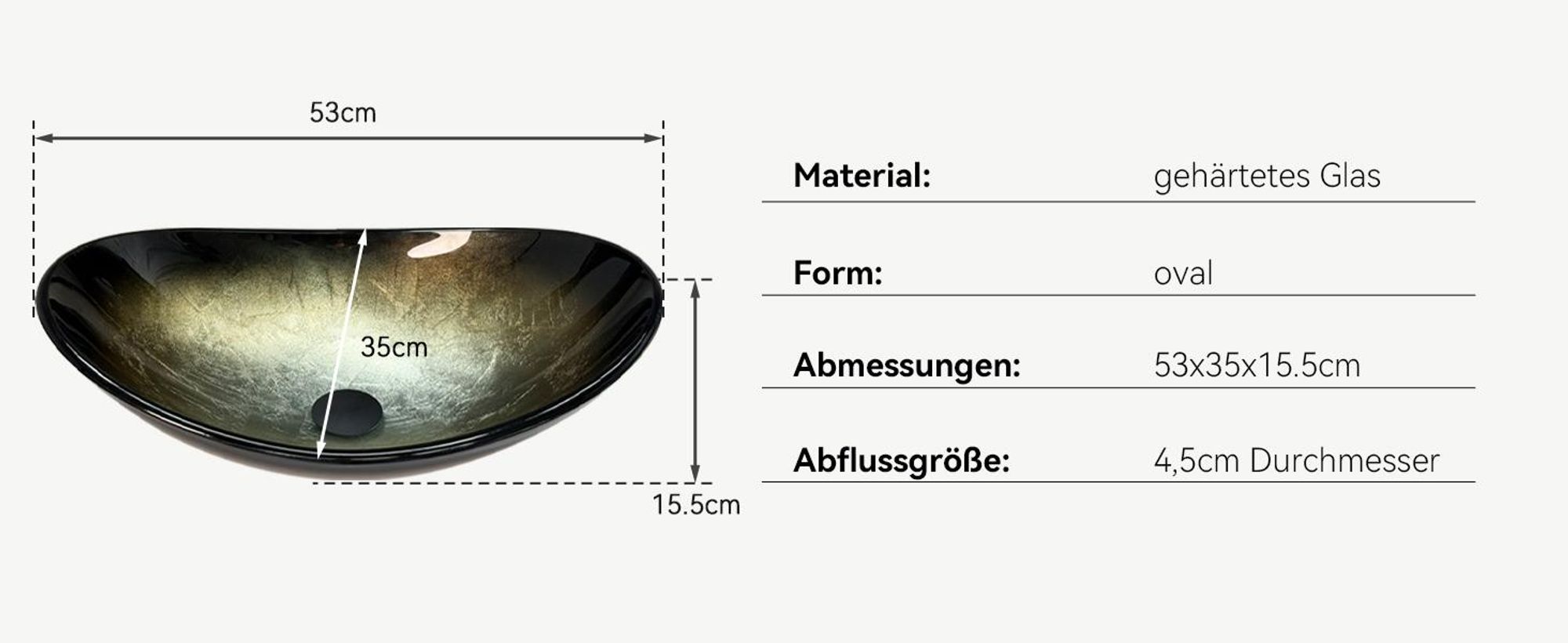 uluomis Waschbecken Glas Aufsatzwaschbecken Waschschale Oval mit Wasserhahn Ablaufgarnitur Schwarz hellgold