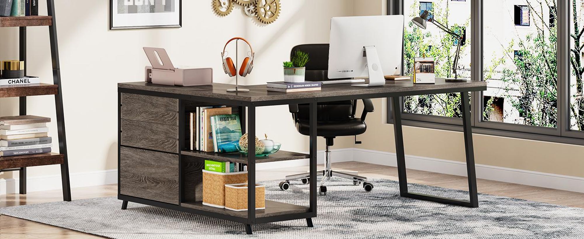 Tribesigns L-förmiger Schreibtisch mit 3 Schubladen, wendbarer Eckschreibtisch Heimbüro, Computertisch mit Regalen,134 cm, Industrie-PC-Schreibtisch