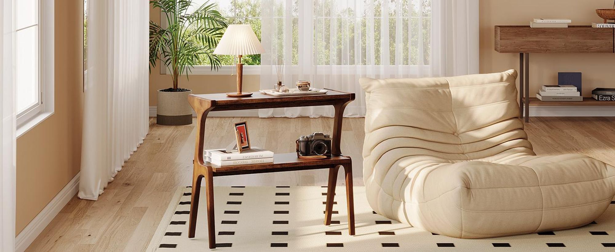 Beistelltisch aus Massivholz, 2-stöckiger Beistelltisch mit Ablagefach, moderner, Sofa, Wohnzimmer, Schlafzimmer,einfache Montage, rustikales Braun