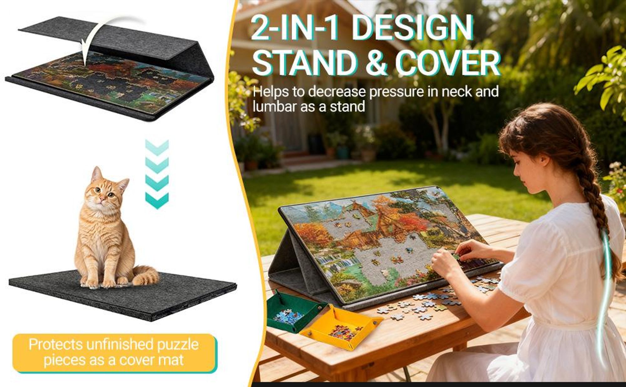 Puzzlebrett, Puzzletisch, für 1000 Teile, 2-in-1 Puzzleständer & Abdeckung, mit 6 farbigen Sortierfächern