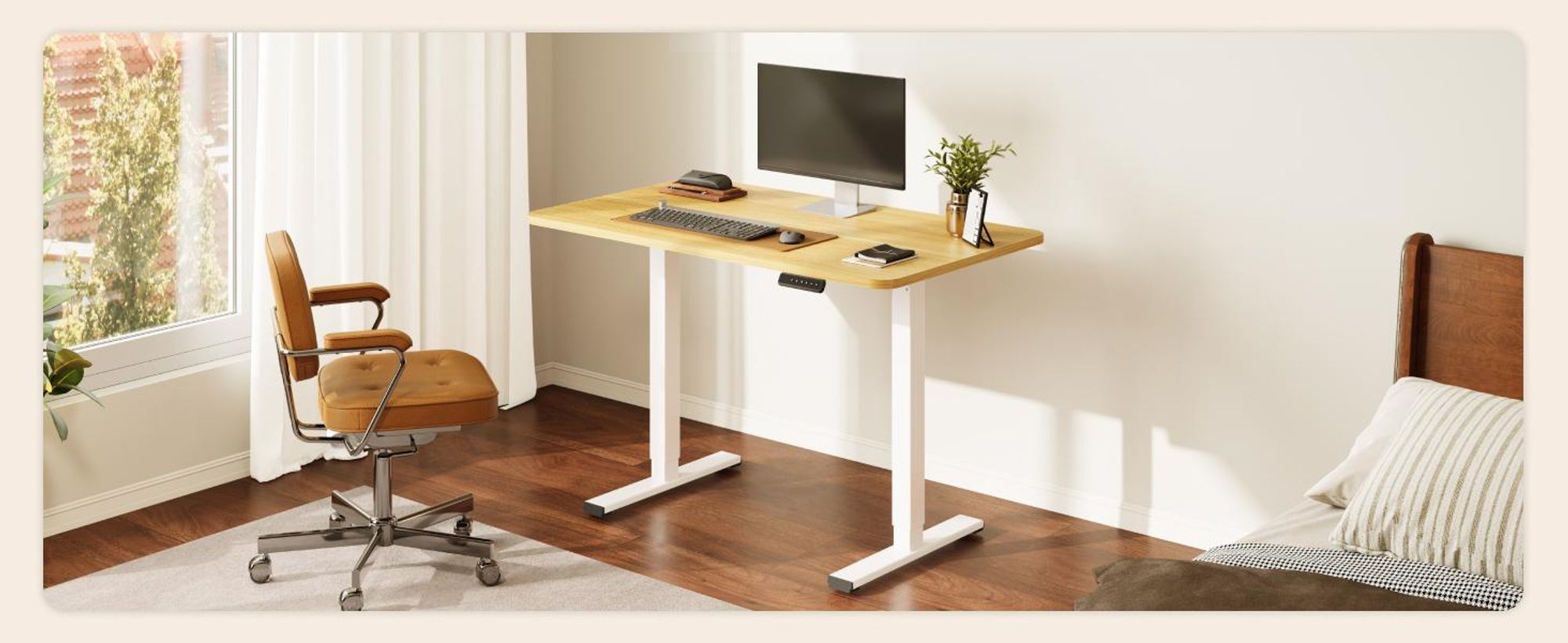 SANODESK QS1 Höhenverstellbarer Schreibtisch Elektrisch EINTEILIGE TISCHPLATTE, 4 Speicherplätzen, Haken & Kabelmanagement, 120x60cm (Ahorn)