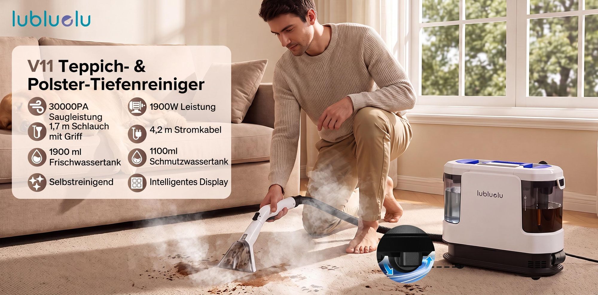Lubluelu V11 Polsterreiniger Waschsauger Teppichreiniger 30KPa Dampffunktion 4 Modi 1900W mit 1,9L+1,1L Doppeltank für Sofa Auto Matratze Touchdisplay