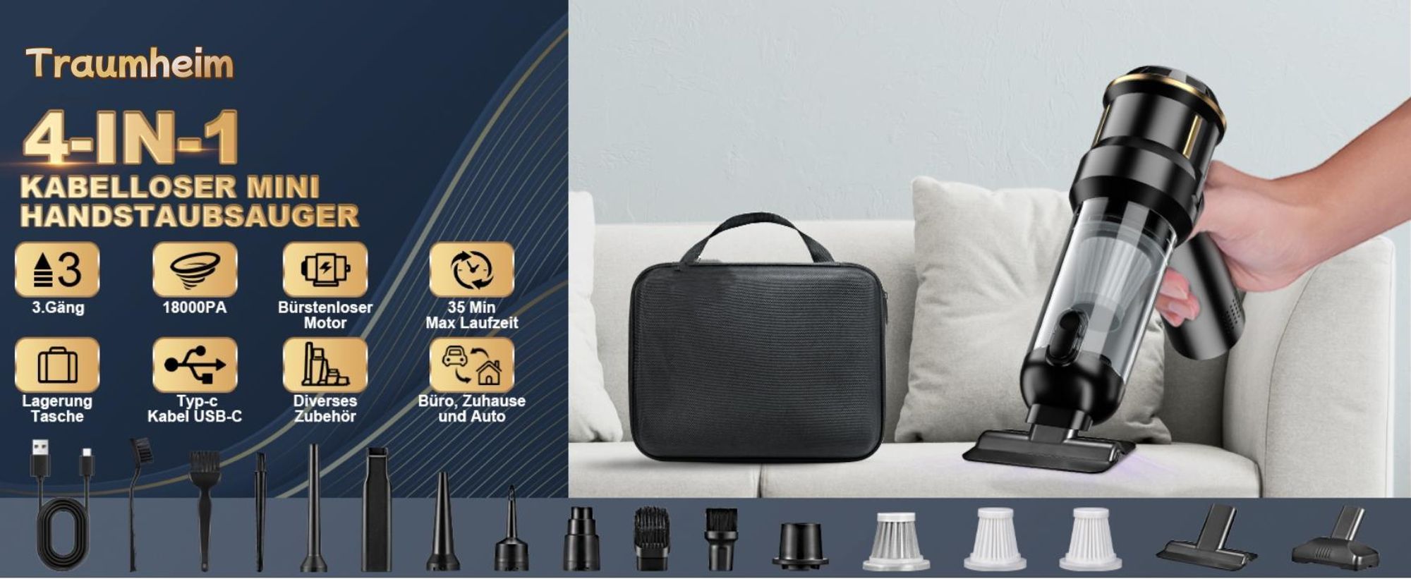 Handstaubsauger Akku 4-in-1,Auto Staubsauger ,25000PA Handstaubsauger Kabellos,3-Gang Bürstenlos staubsauger für Auto,PC,Sofa,Haus& Tierhaar Reinigung
