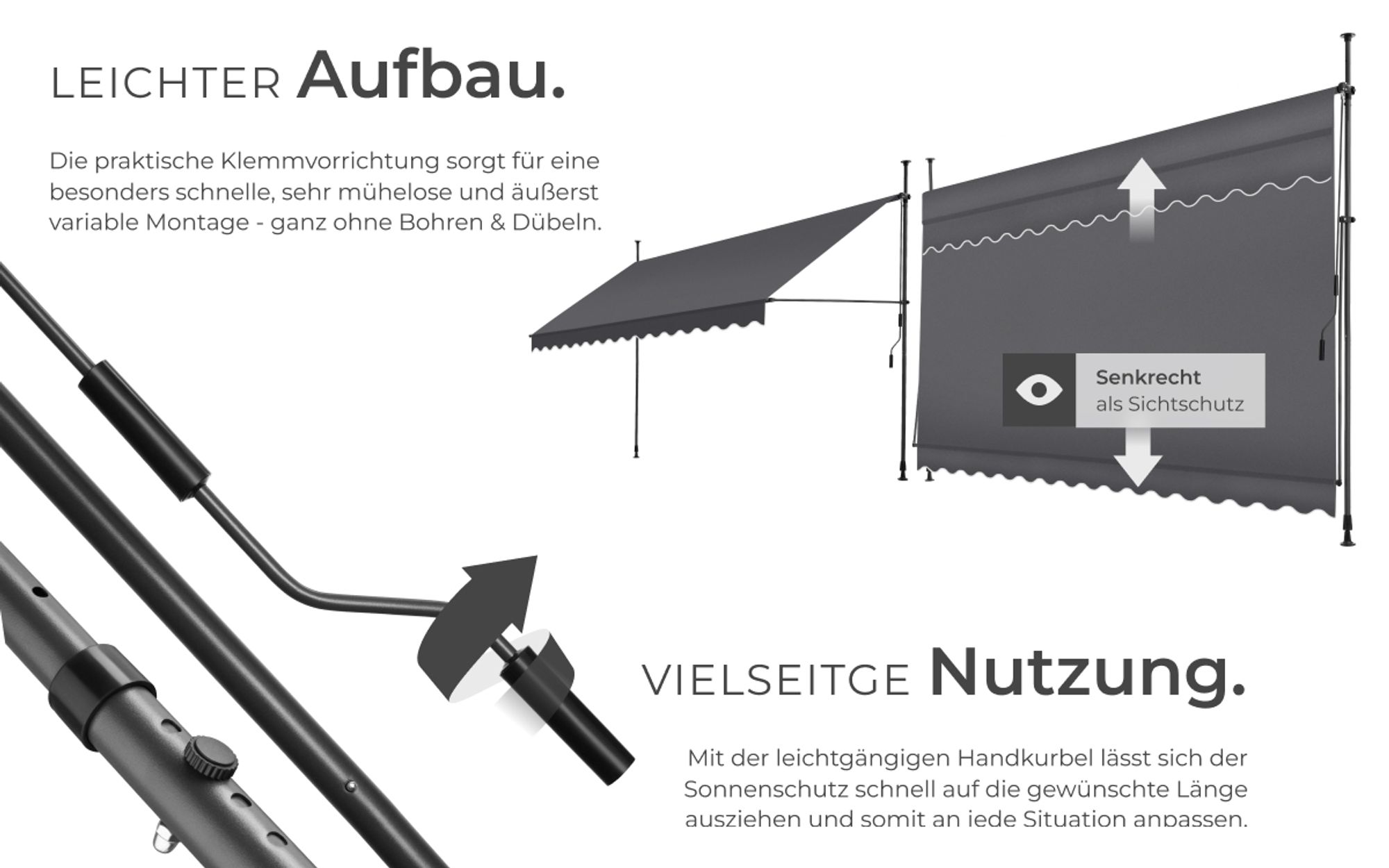 tectake® Klemmmarkise mit Handkurbel einfache Montage
