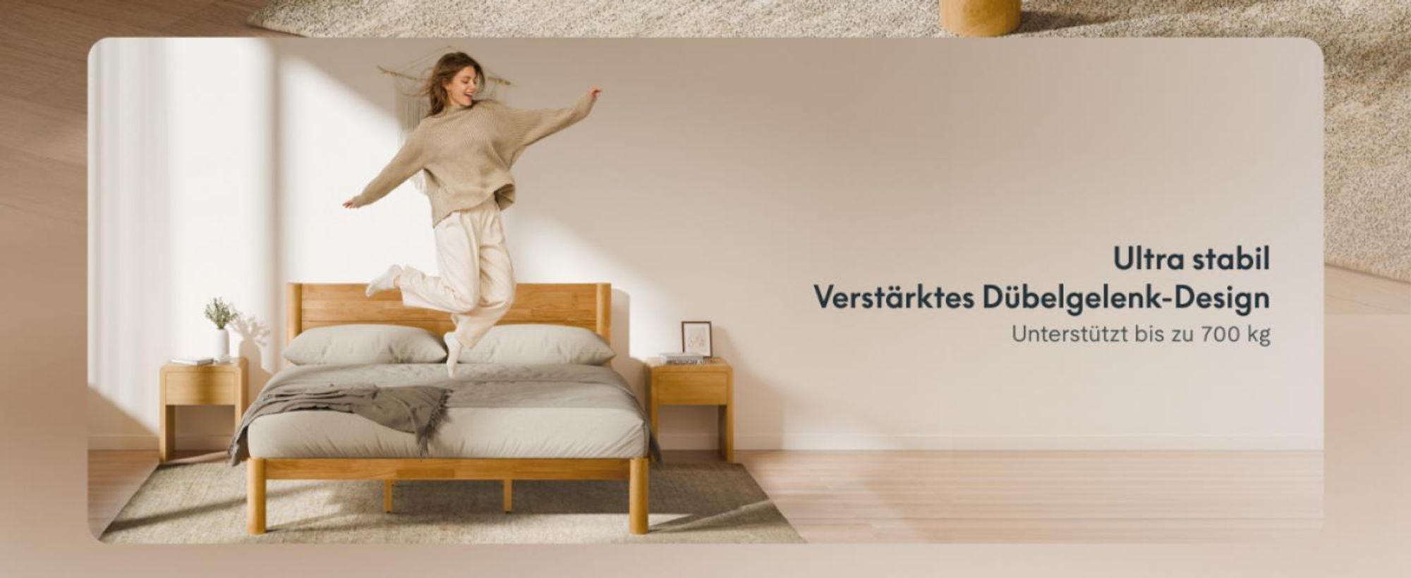 FLEXISPOT Massivholzbett 160x200cm aus Gummibaumholz, Doppelbett mit Kopfteil und Lattenrost, Japandi-Bett, bis 700KG, Rundzapfenkonstruktion, Hako G2