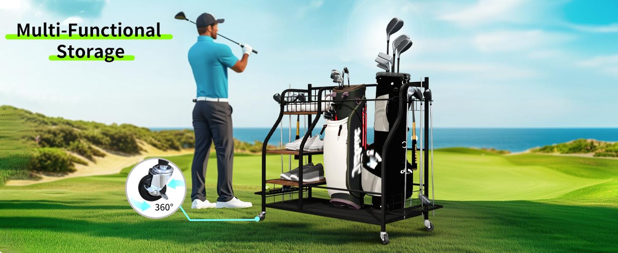 WISFOR Golftaschen Organizer, Golf-Organizer mit Rollen/Haken, Golf Set Aufbewahrungsregal Golftaschenregal für 2 Golftaschen, mit Ablagen, 95x40x92cm