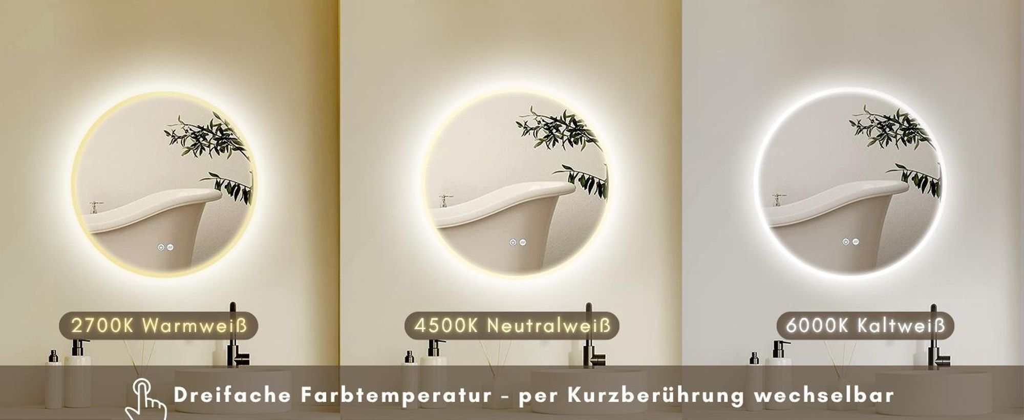 HOKO Gold Badspiegel Led Beleuchtung Rechteck 60x80/80x60cm, Wandspiegel mit Antibeschlag und mit Touch Schalter, Licht Wechsel, Memory Funktion