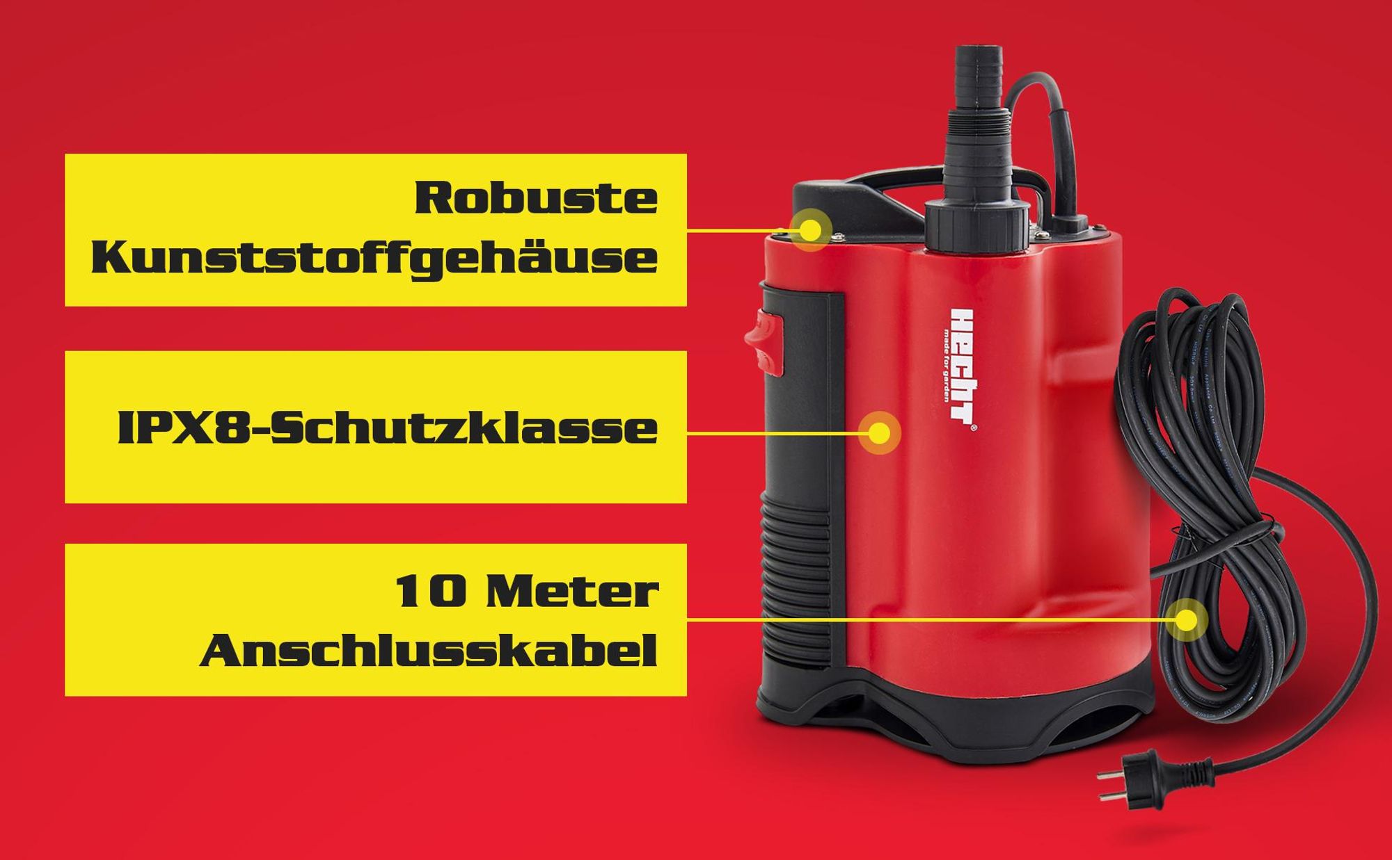 HECHT 3775 Schmutzwasserpumpe | integrierter Schwimmer | 750W | 13.000 l/h | 9m Förderhöhe