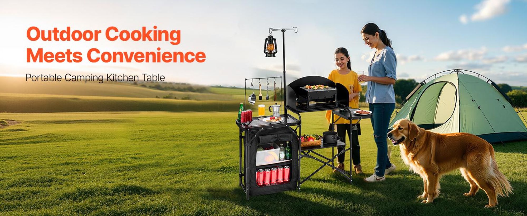 VEVOR Camping Küchentisch Outdoor Kochtisch, tragbare Kochstation aus Aluminium mit Lagerschrank & Tragetasche, & abnehmbarer Windschutzscheibe, für Grillpartys Picknicks Wohnmobilreisen, schwarz