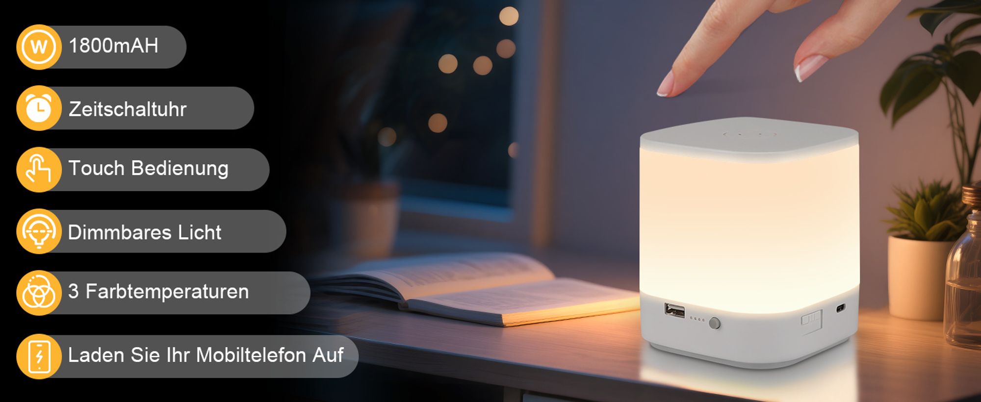 ZMH LED Nachtlicht Touch Dimmbar Nachttischlampe Akku Tischlampe Kabellos 3600mAH USB Aufladbar Weiß  mit 3 Farbtemperaturen Timing Funktion