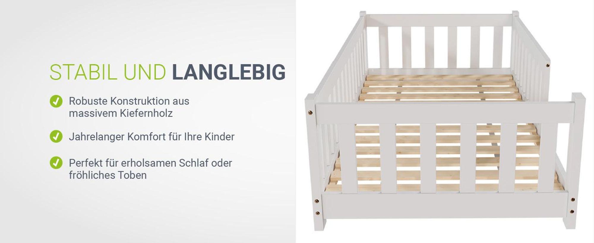 Juskys Kinderbett Naya 80x160 cm mit Rausfallschutz & Lattenrost - Holz Bodenbett Weiß