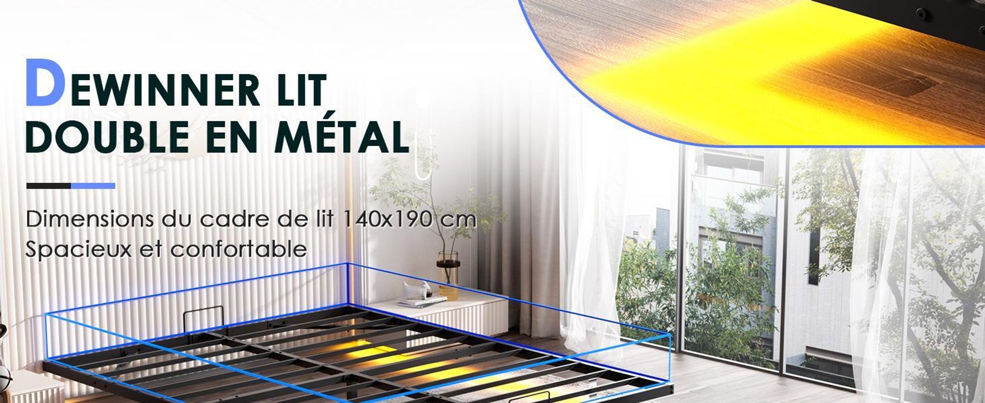 DEWINNER Cadre de Lit 160 x 200 avec Sommier Métal, Lit 2 Personnes Flottant avec Éclairage LED, Sommier en Métal, Structure Stable, Noir sans Matelas