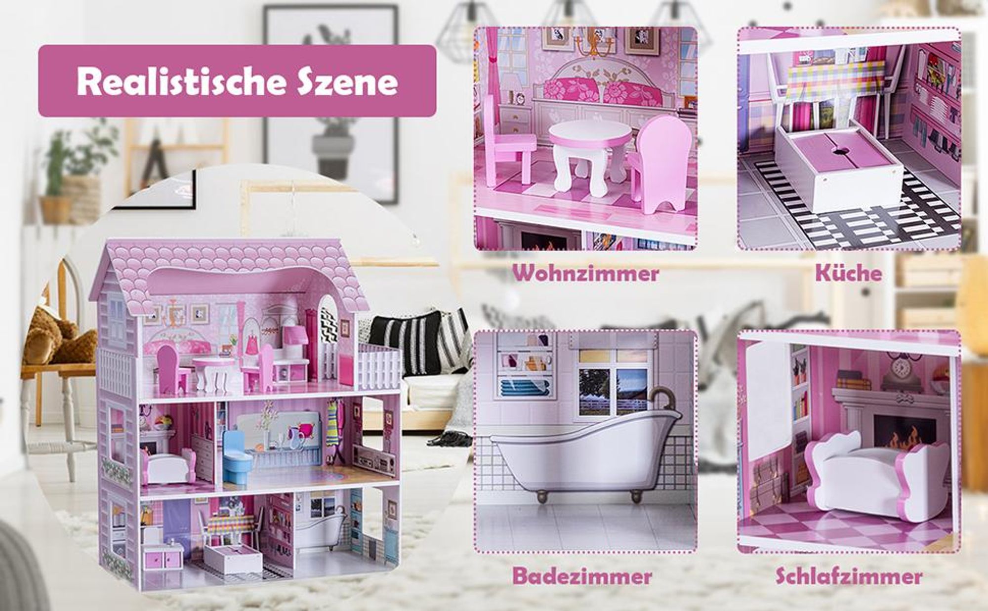 COSTWAY Puppenhaus aus Holz, Puppenstube mit Möbeln und Zubehör, Puppenvilla 3 Etagen, Dollhouse Spielzeug für Mädchen