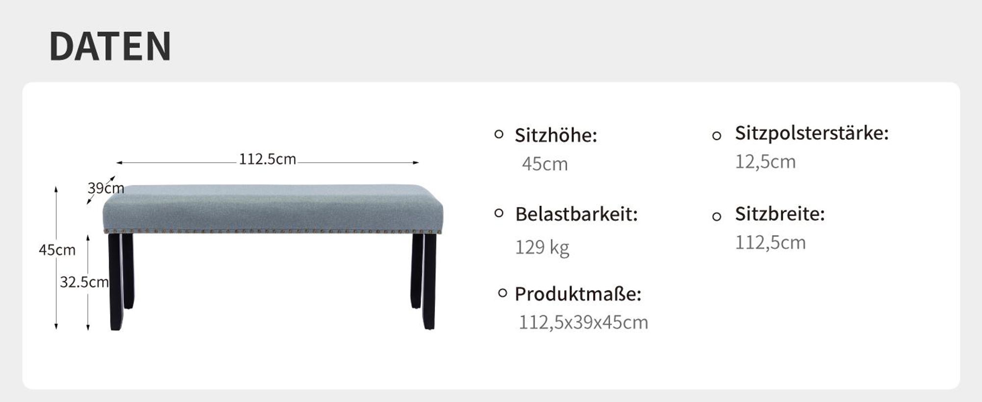 Duhome Sitzbank Flur, Gepolstert Polsterbank mit Leinenbezug Schminkbank Bettbank Fußhocker mit Holzbeine für Esszimmer Wohnzimmer, Grün-Grau