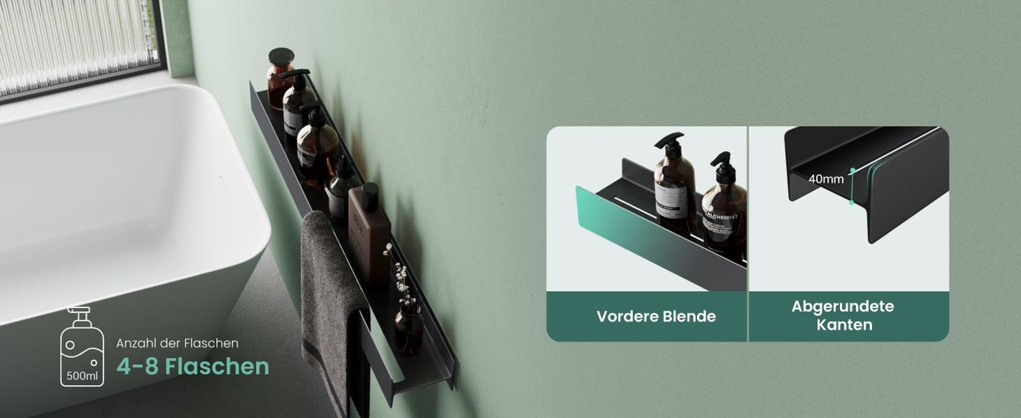 Mai & Mai Duschablage zum Bohren oder Kleben Duschregal Badablage 40cm Badezimmerablage zur Wandmontage Badezimmer Organizer Matt weiß Reglo-03