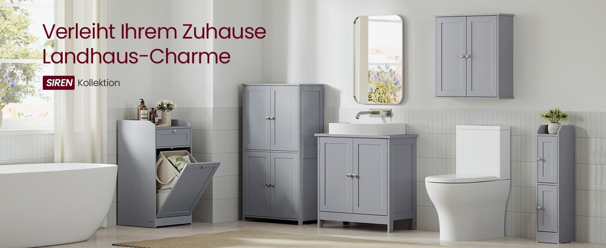VASAGLE Schmaler Hochschrank, Badschrank, mit verstellbaren Ablagen, Badezimmerschrank für Bad, Landhausstil, grau