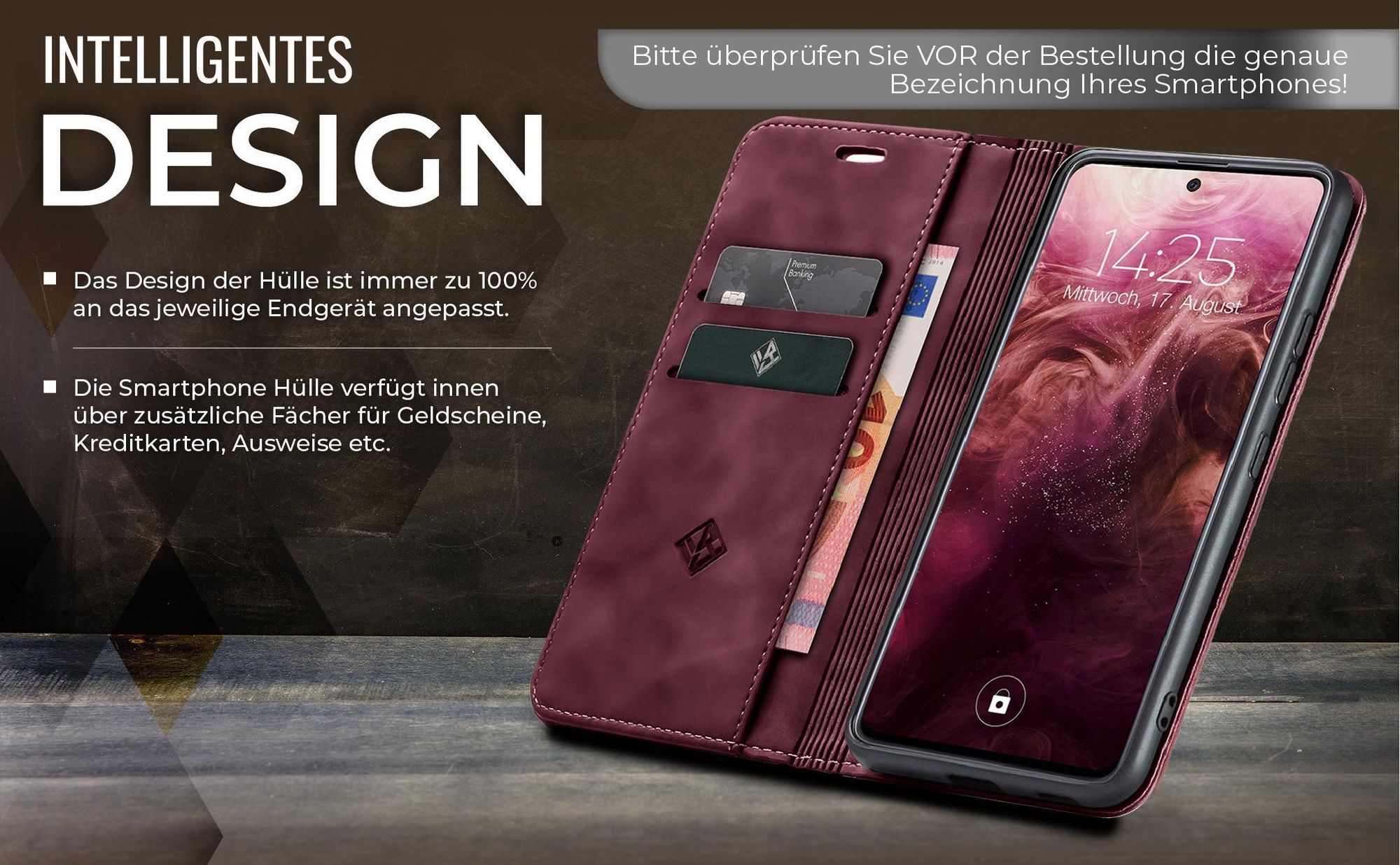 Edle Schutzhülle in Weinrot für Xiaomi Redmi Note 12 mit Kartenfächern und Geldfach
