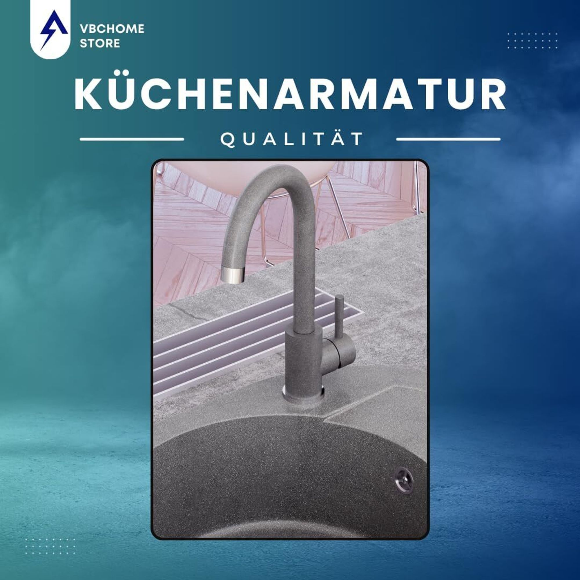 VBChome Küchenarmatur Grau Granitoptik 360° drehbar – Einhebel Armatur für Spüle, Wasserhahn modern für Spültisch